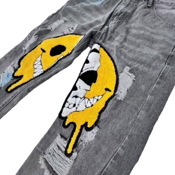 🎉SALE🎉 Distressed Denim Jeans Cartoon Graphic‎ Smiley Face Skull Streetwear 30 - Picture 9 of 14